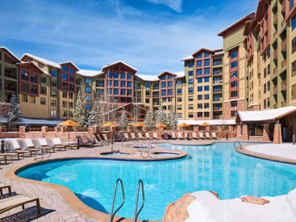 Photo of the Grand Hyatt Hotel in Park City Utah with view of the pool