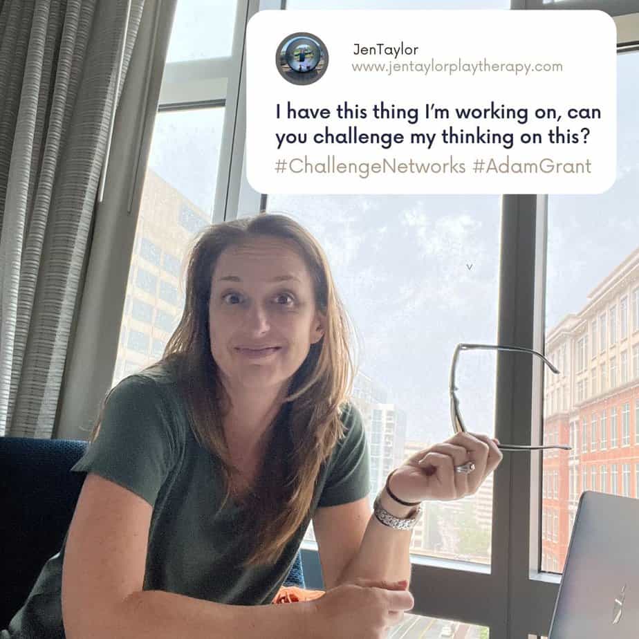 Jen Taylor with a fake social media caption asking for feedback